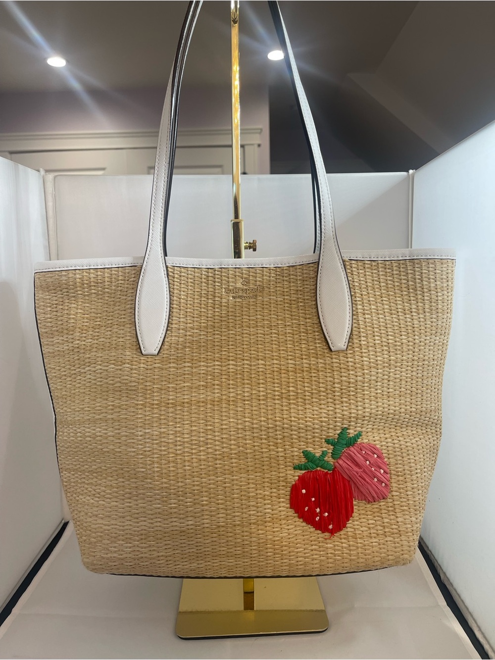 kate spade Straw Tote with White Trim and Strawberry Appliqué